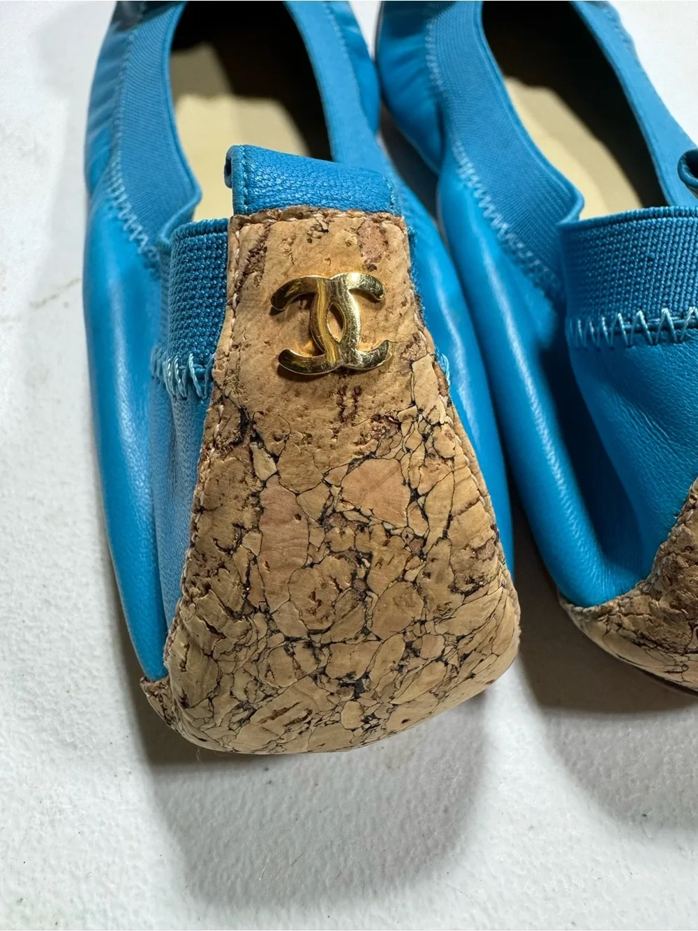 CHANEL Turquoise Ballet Flats with Raffia Flower